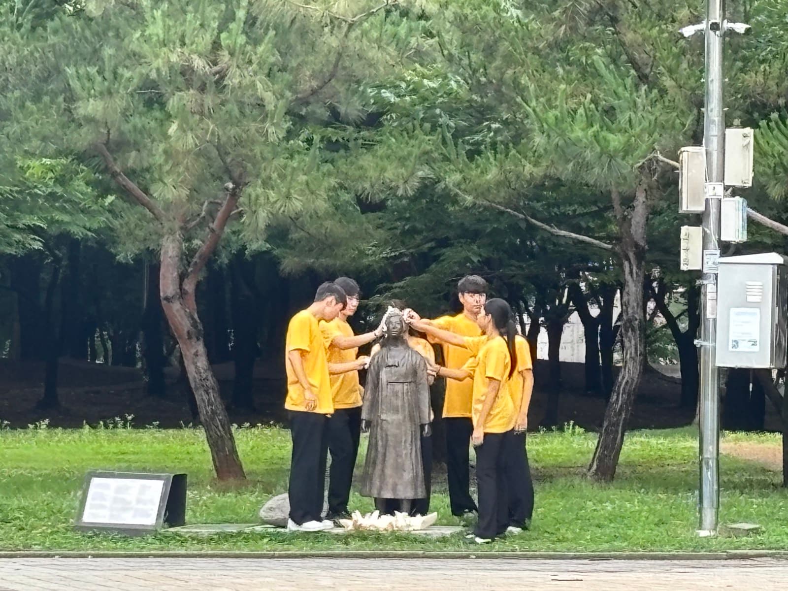 Hwarang students at the peace statue in Bupyeong Park, Incheon